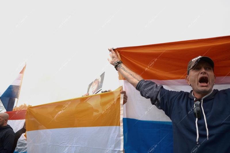 Anti-immigrant and far-right protesters gathered at Museumplein in Amsterdam to protest against the current Dutch government’s asylum seeker policy on October 12, 2025.