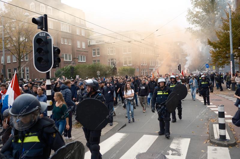 Anti-immigrant and far-right protesters gathered at Museumplein in Amsterdam to protest against the current Dutch government’s asylum seeker policy on October 12, 2025.
