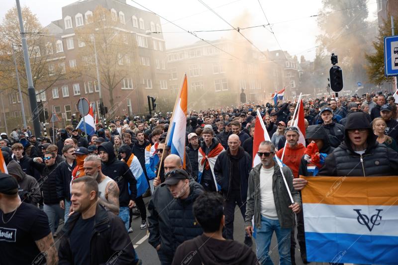 Anti-immigrant and far-right protesters gathered at Museumplein in Amsterdam to protest against the current Dutch government’s asylum seeker policy on October 12, 2025.