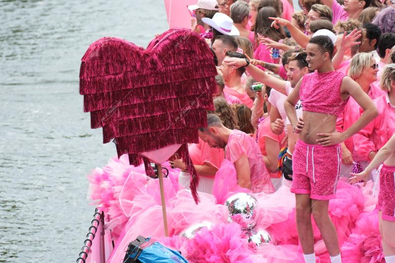 Revelers participate in the Annual Pride Canal Parade held in Amsterdam. Pride Amsterdam celebrates the city's gay and transgender community with a vibrant boat parade through the canals, The Netherlands, on 2 August 2025.