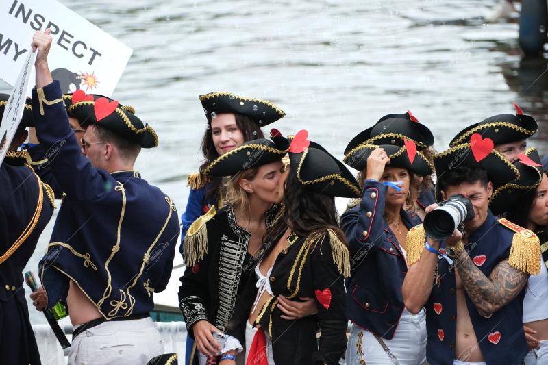 Revelers participate in the Annual Pride Canal Parade held in Amsterdam. Pride Amsterdam celebrates the city's gay and transgender community with a vibrant boat parade through the canals, The Netherlands, on 2 August 2025.