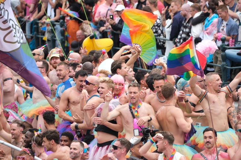 Revelers participate in the Annual Pride Canal Parade held in Amsterdam. Pride Amsterdam celebrates the city's gay and transgender community with a vibrant boat parade through the canals, The Netherlands, on 2 August 2025.