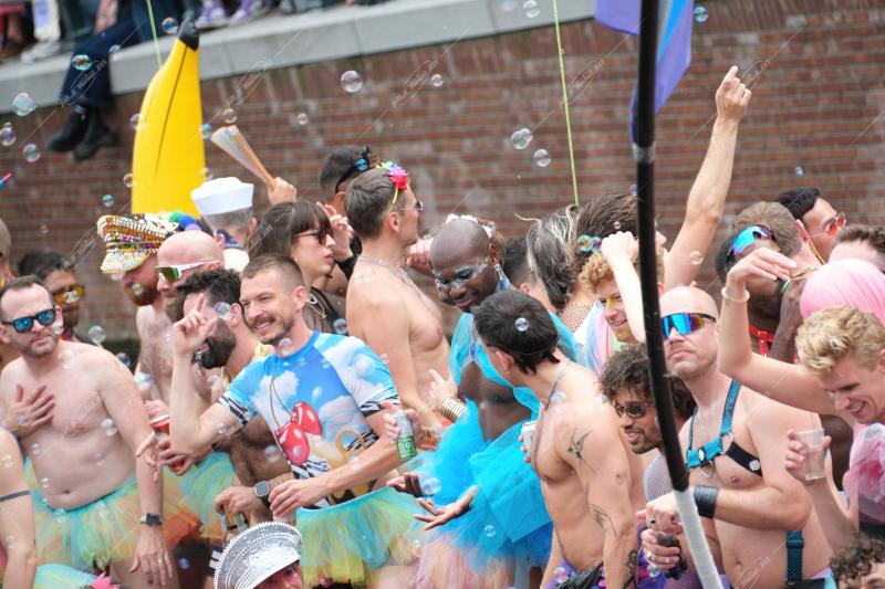 Revelers participate in the Annual Pride Canal Parade held in Amsterdam. Pride Amsterdam celebrates the city's gay and transgender community with a vibrant boat parade through the canals, The Netherlands, on 2 August 2025.
