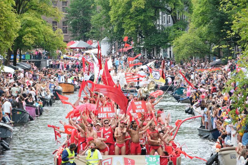 Revelers participate in the Annual Pride Canal Parade held in Amsterdam. Pride Amsterdam celebrates the city's gay and transgender community with a vibrant boat parade through the canals, The Netherlands, on 2 August 2025.