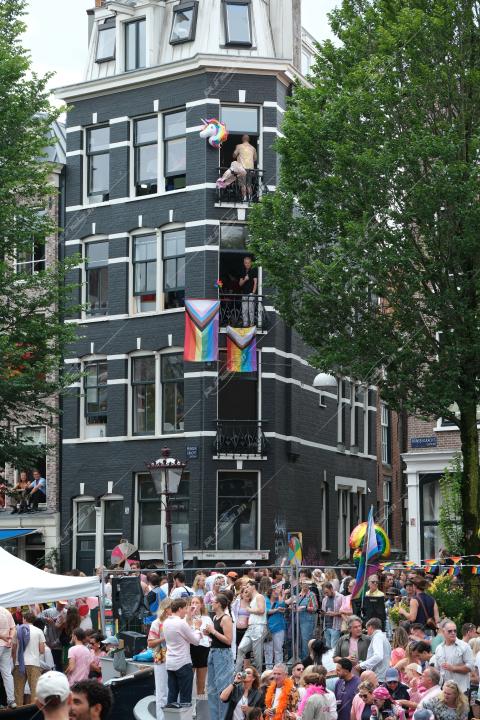 Revelers participate in the Annual Pride Canal Parade held in Amsterdam. Pride Amsterdam celebrates the city's gay and transgender community with a vibrant boat parade through the canals, The Netherlands, on 2 August 2025.