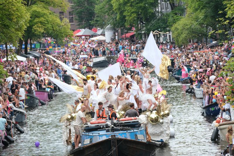 Revelers participate in the Annual Pride Canal Parade held in Amsterdam. Pride Amsterdam celebrates the city's gay and transgender community with a vibrant boat parade through the canals, The Netherlands, on 2 August 2025.