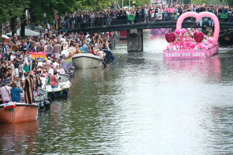 Revelers participate in the Annual Pride Canal Parade held in Amsterdam. Pride Amsterdam celebrates the city's gay and transgender community with a vibrant boat parade through the canals, The Netherlands, on 2 August 2025.