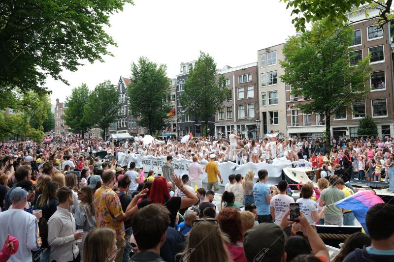 Revelers participate in the Annual Pride Canal Parade held in Amsterdam. Pride Amsterdam celebrates the city's gay and transgender community with a vibrant boat parade through the canals, The Netherlands, on 2 August 2025.