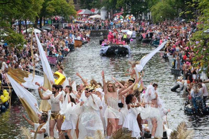 Revelers participate in the Annual Pride Canal Parade held in Amsterdam. Pride Amsterdam celebrates the city's gay and transgender community with a vibrant boat parade through the canals, The Netherlands, on 2 August 2025.